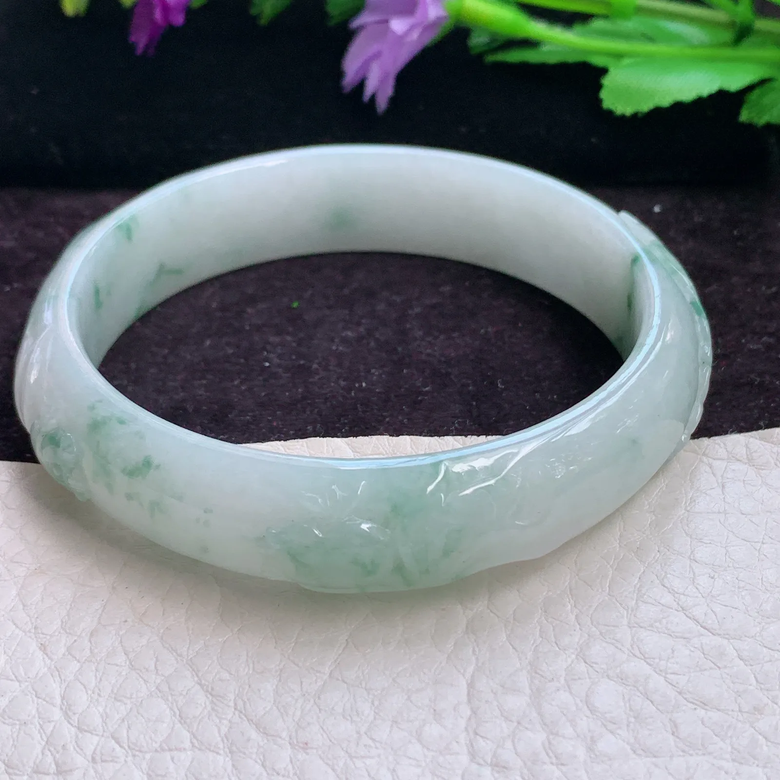 js大圈口60*14.3*8平安镯 天然缅甸翡翠手镯雕花花开富贵玉镯 玉手环