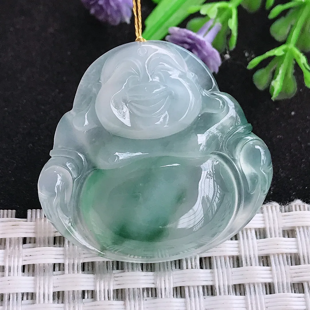 自然光31/33/6.7老坑冰种果冻胶飘花佛公吊坠翡翠玉石挂件