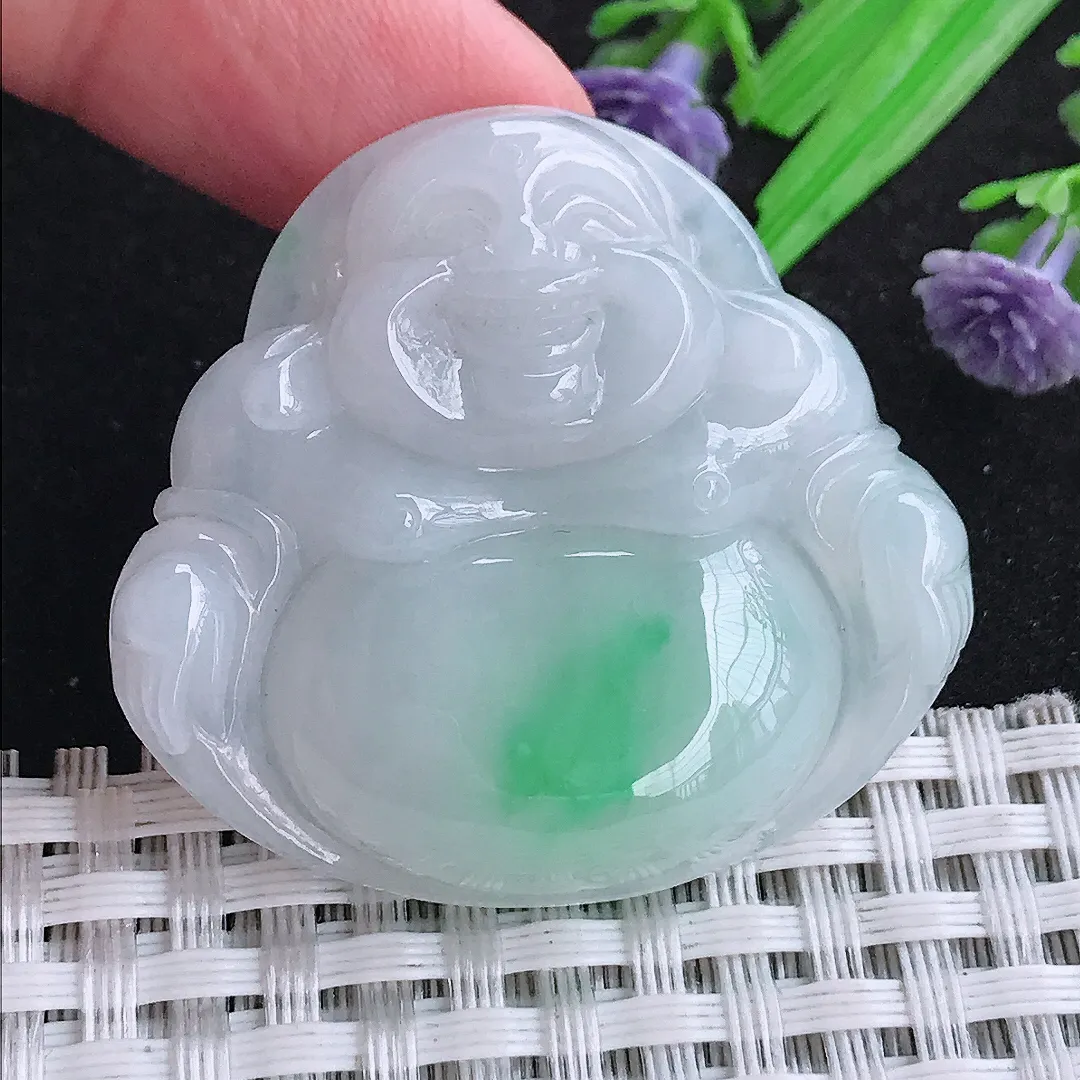 自然光37.3/40/8老坑秀气温润白底青佛公吊坠翡翠玉石挂件
