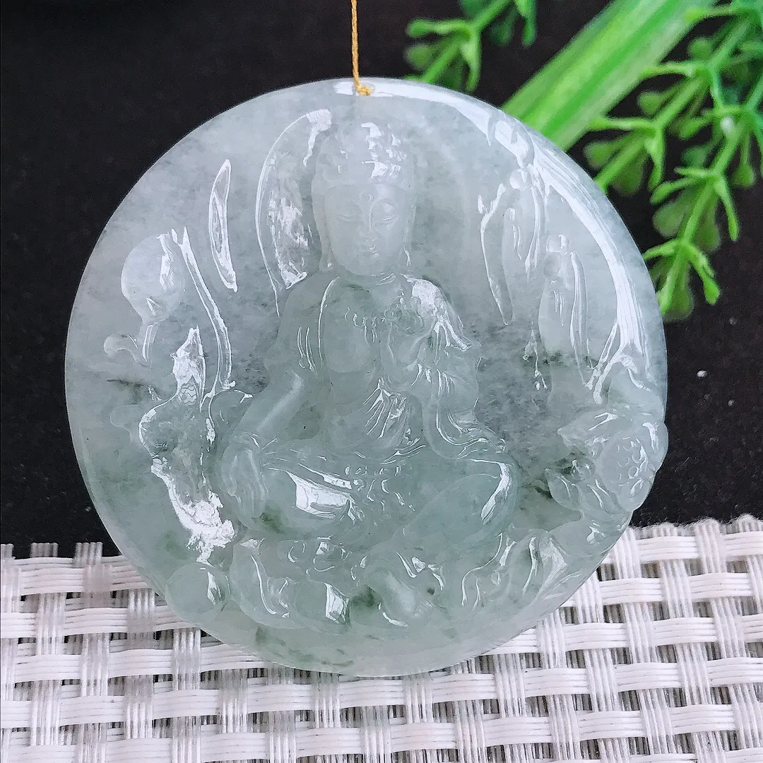 自然光53.8/8.8老坑精美冰润飘花赐福观音圆牌吊坠翡翠玉石挂件