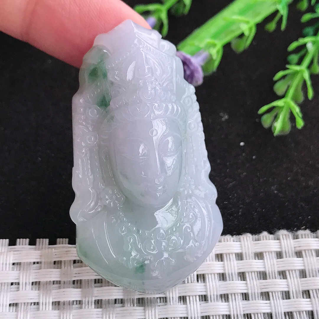 自然光53/29.6/12老坑秀气温润飘花观音头吊坠翡翠玉石挂件