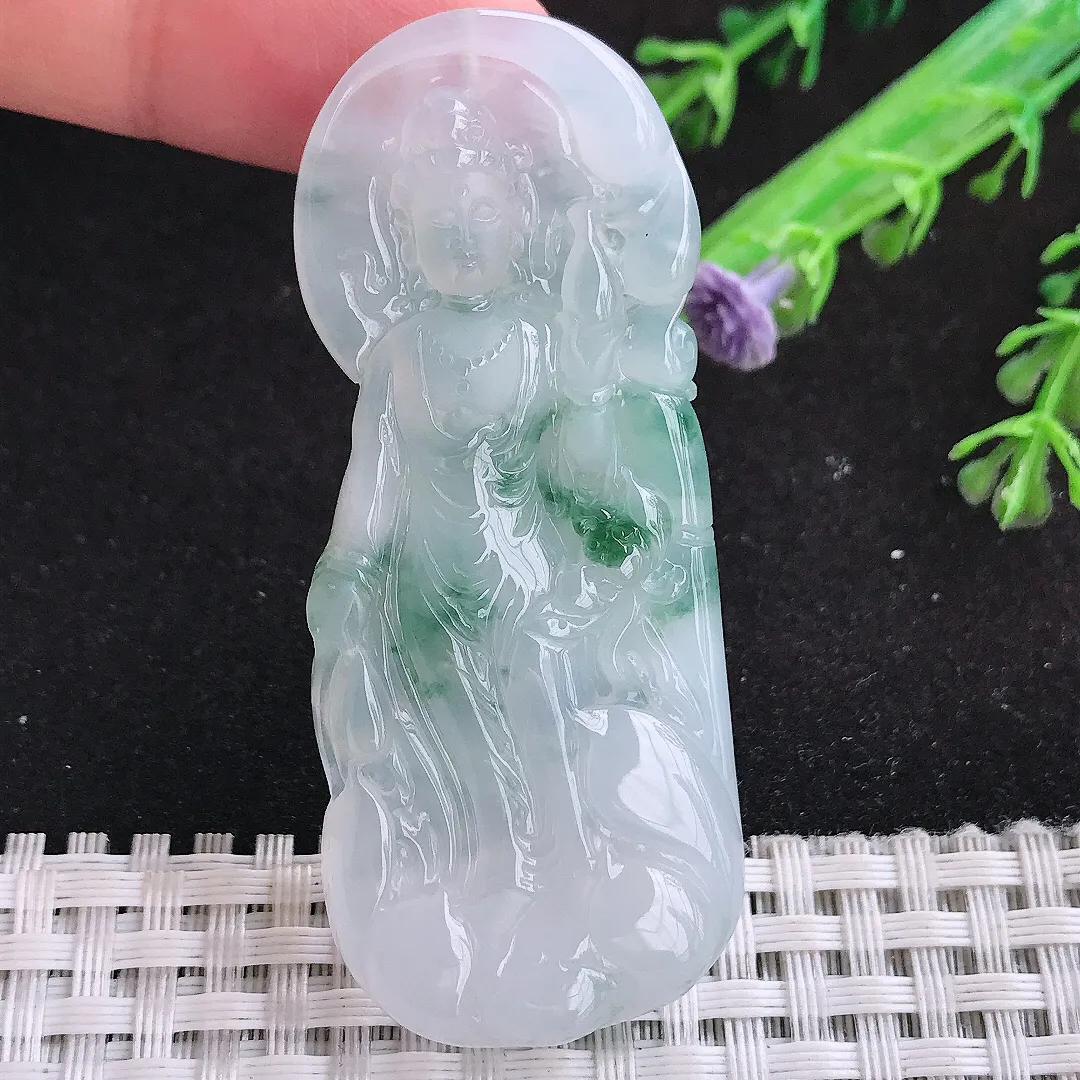 自然光63/26.2/5.8老坑冰胶果冻飘花赐福观音吊坠翡翠玉石站观音挂件