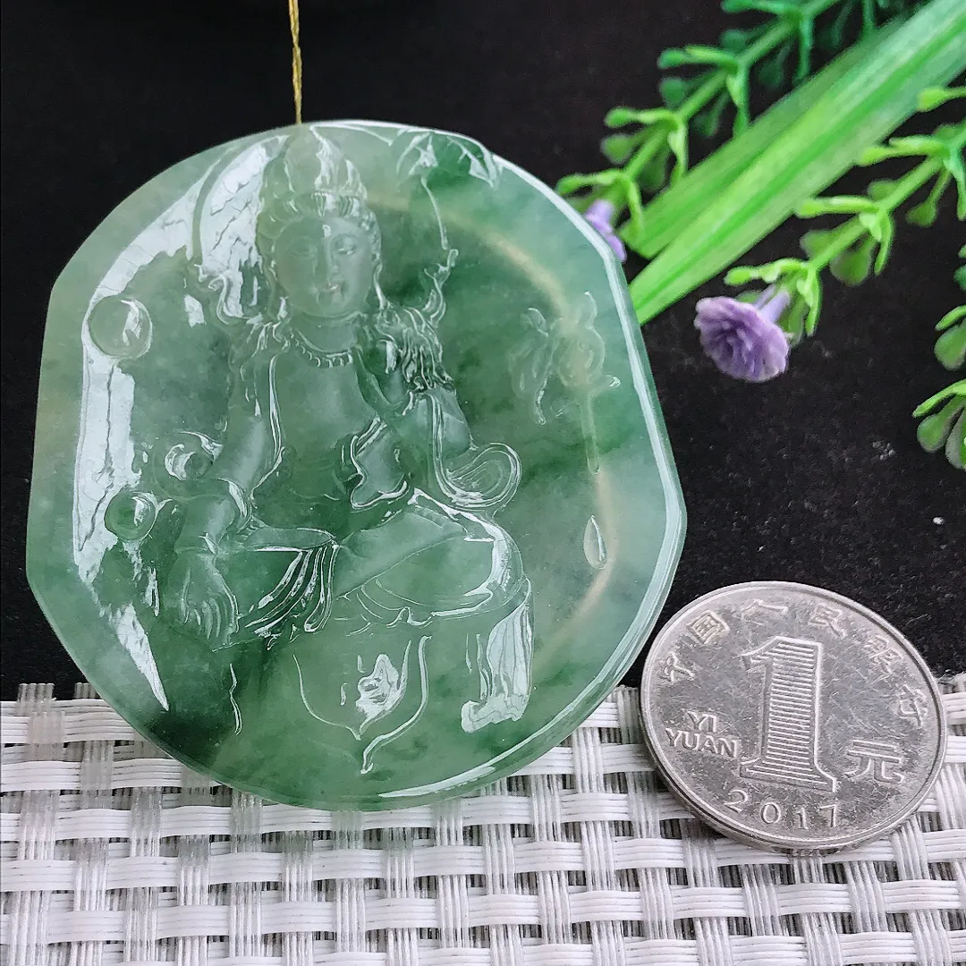 自然光57/54.6/6.5老坑冰胶果冻冰晴绿飘花赐福观音吊坠翡翠玉石挂件