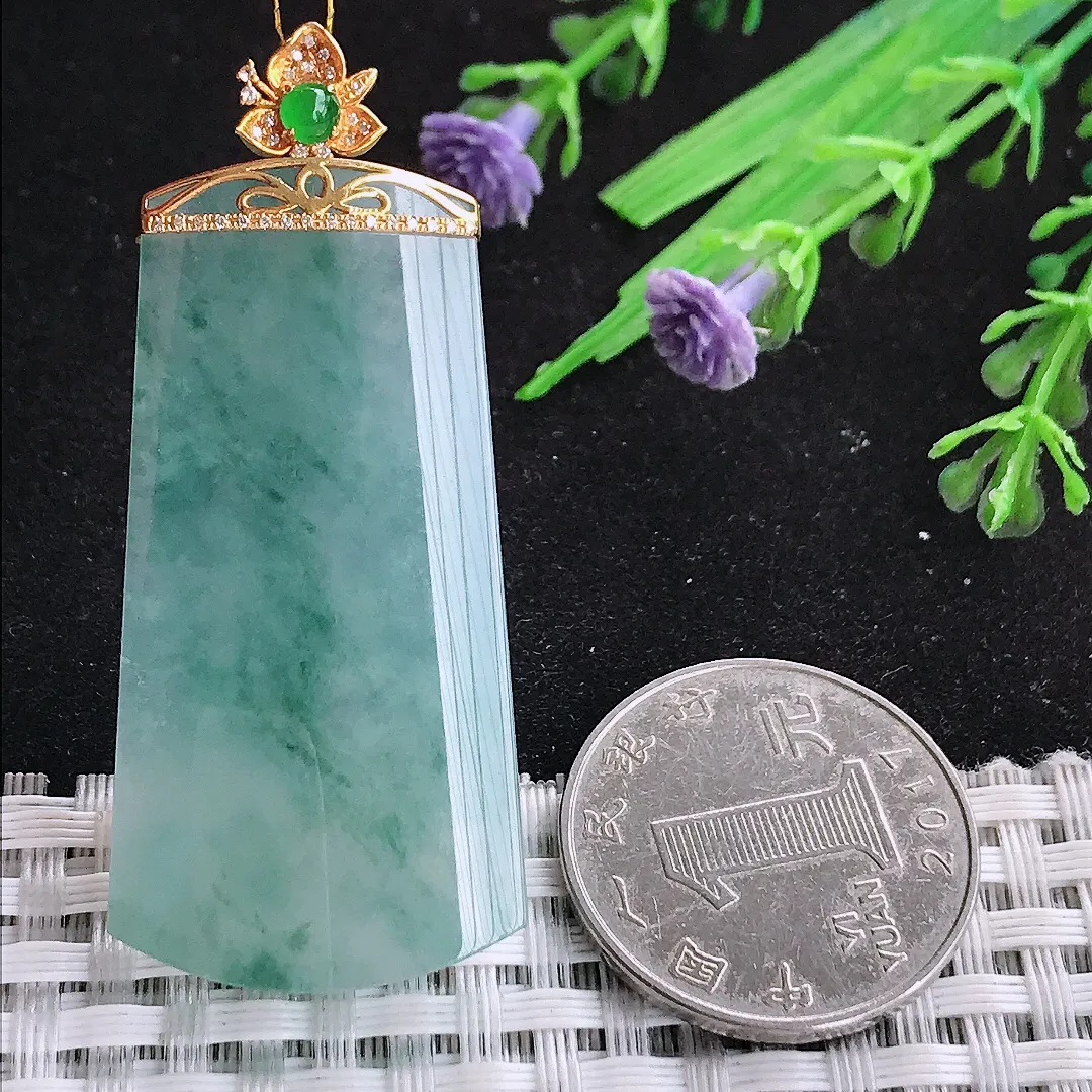 自然光46/23.5/5.6老坑18k金镶嵌冰胶飘花无事牌吊坠翡翠玉石挂件