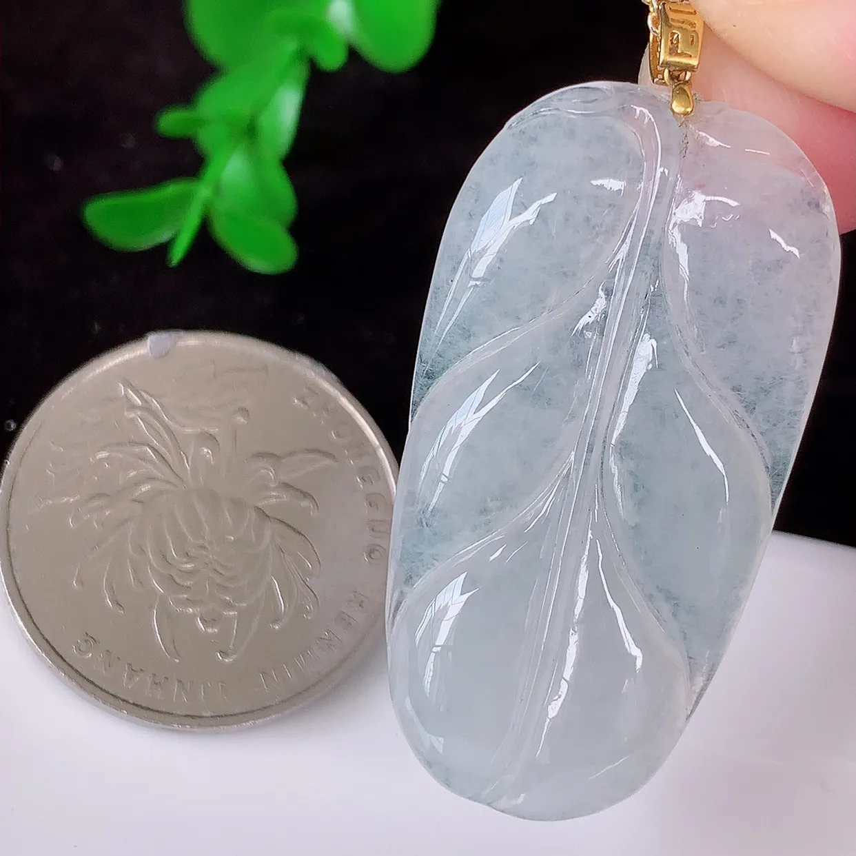18K金镶嵌冰种翡翠叶子吊坠 ，种水足，色泽清新，工艺精湛，叶子寓意美好；金枝玉叶，事业有成。#41.21