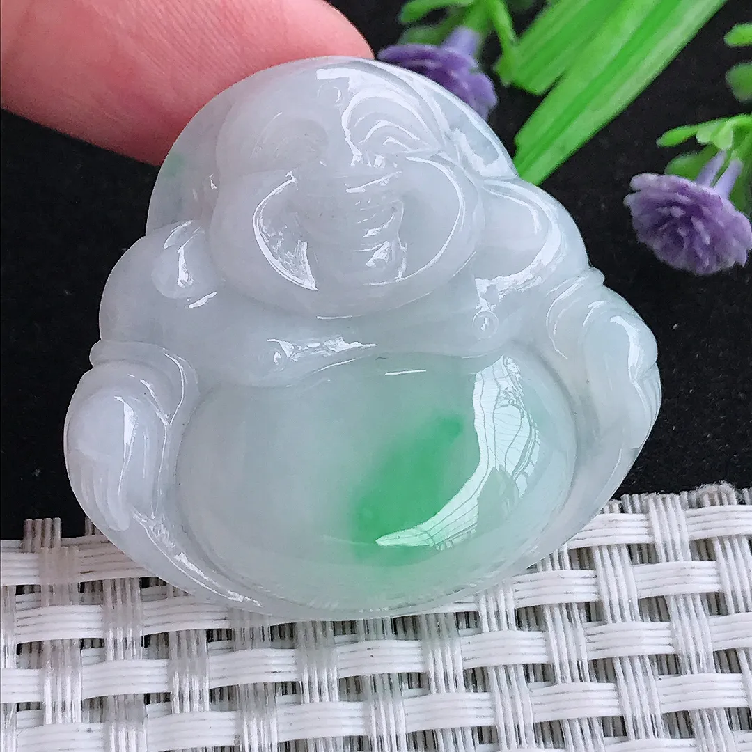 自然光37.3/40/8老坑秀气温润白底青佛公吊坠翡翠玉石挂件