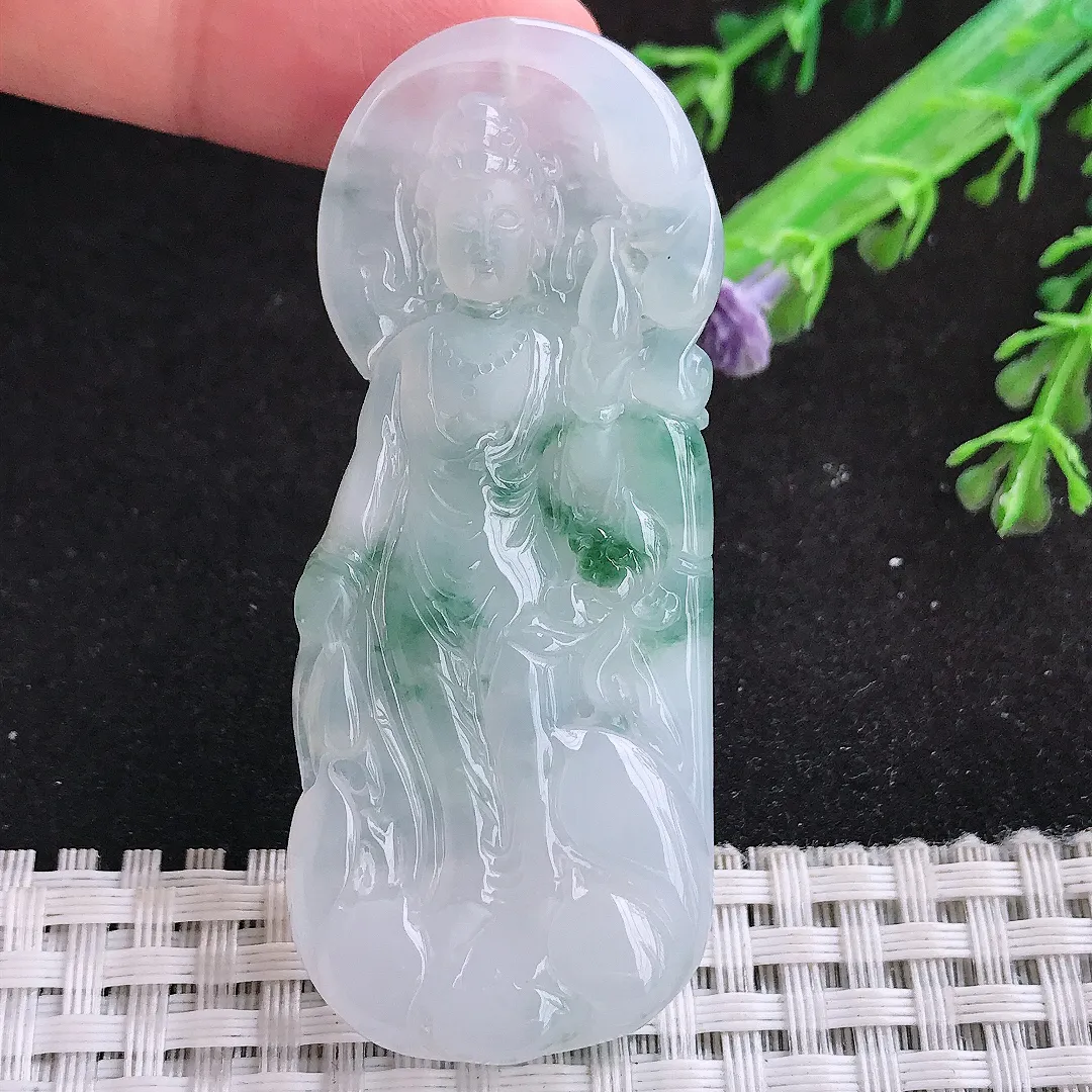 自然光63/26.2/5.8老坑冰胶果冻飘花赐福观音吊坠翡翠玉石站观音挂件