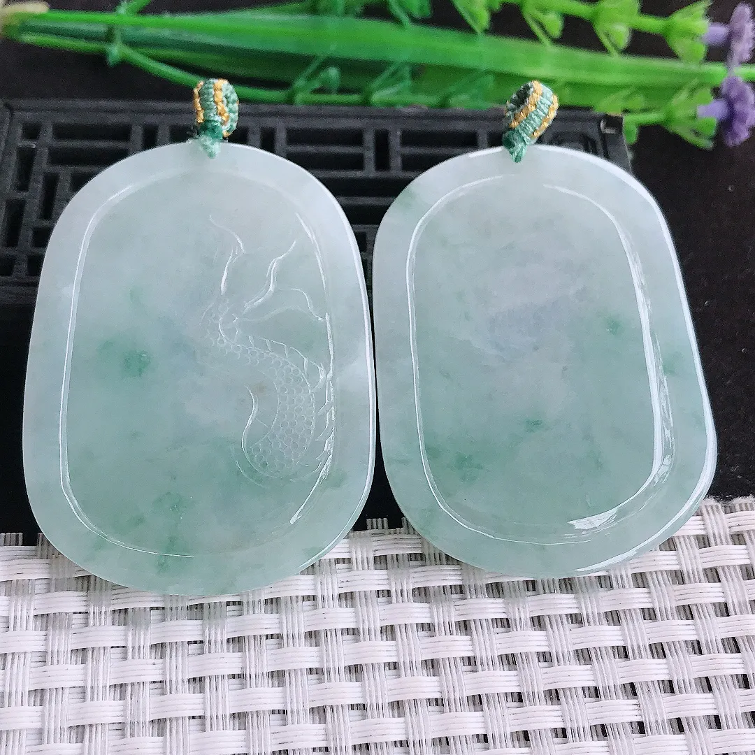 自然光51.2/38.6/5.6老坑精美温润飘花仿古龙凤牌吊坠一对翡翠玉石挂件