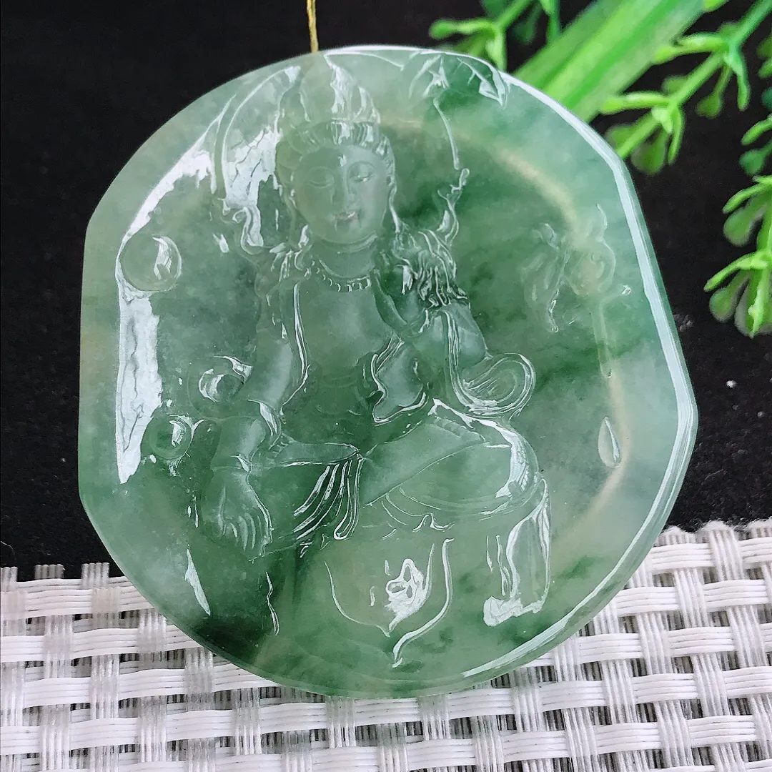 自然光57/54.6/6.5老坑冰胶果冻冰晴绿飘花赐福观音吊坠翡翠玉石挂件