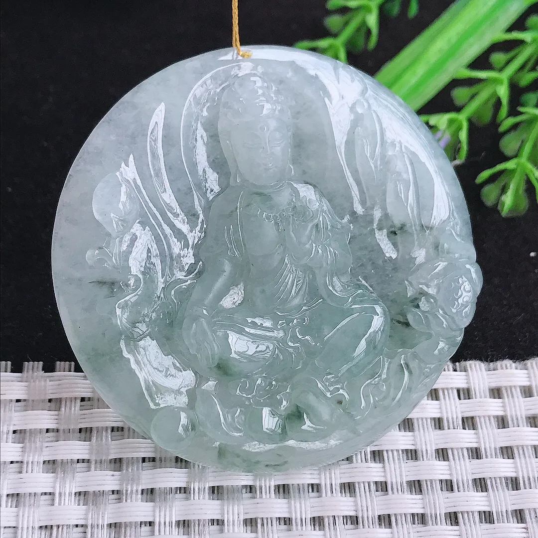 自然光53.8/8.8老坑精美冰润飘花赐福观音圆牌吊坠翡翠玉石挂件