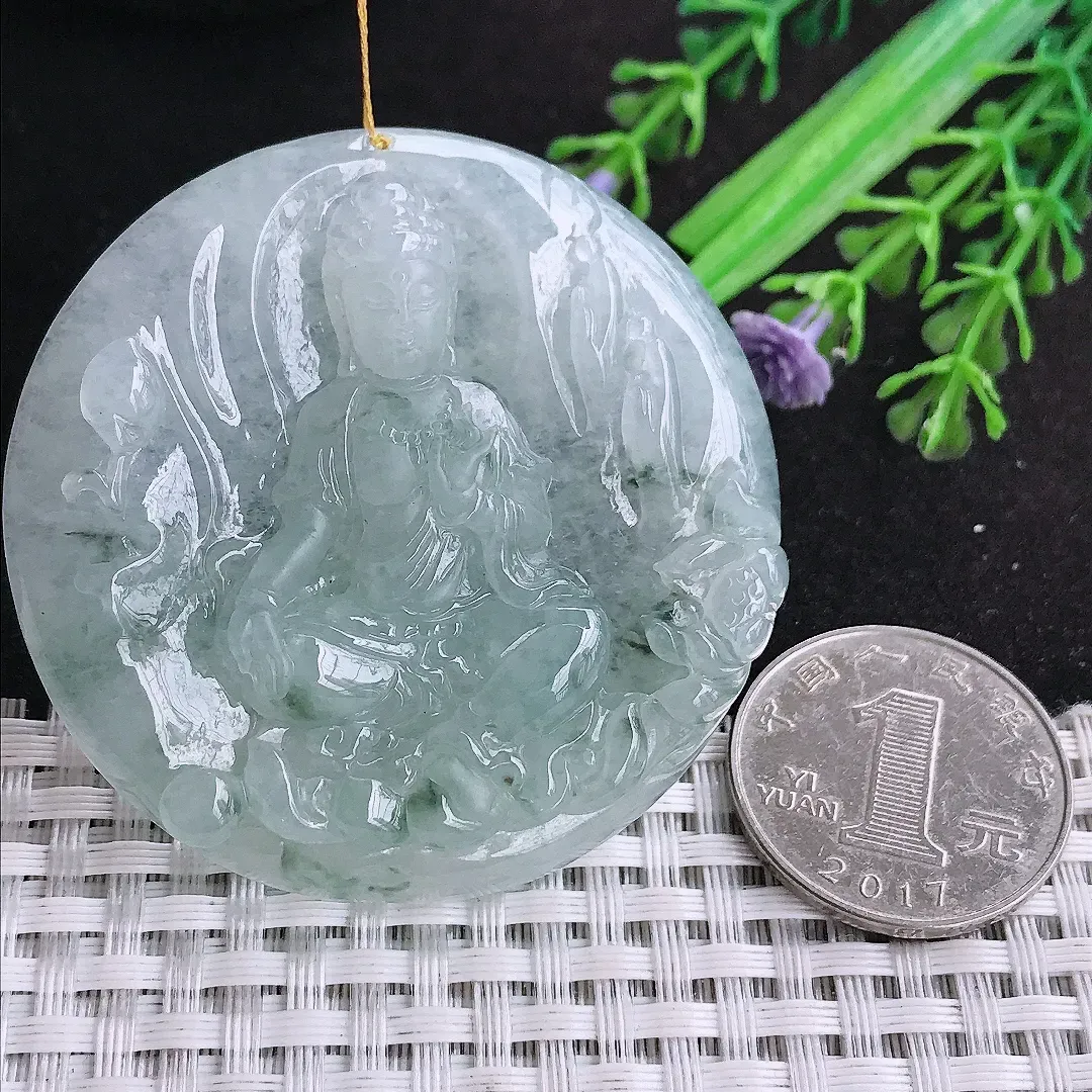 自然光53.8/8.8老坑精美冰润飘花赐福观音圆牌吊坠翡翠玉石挂件