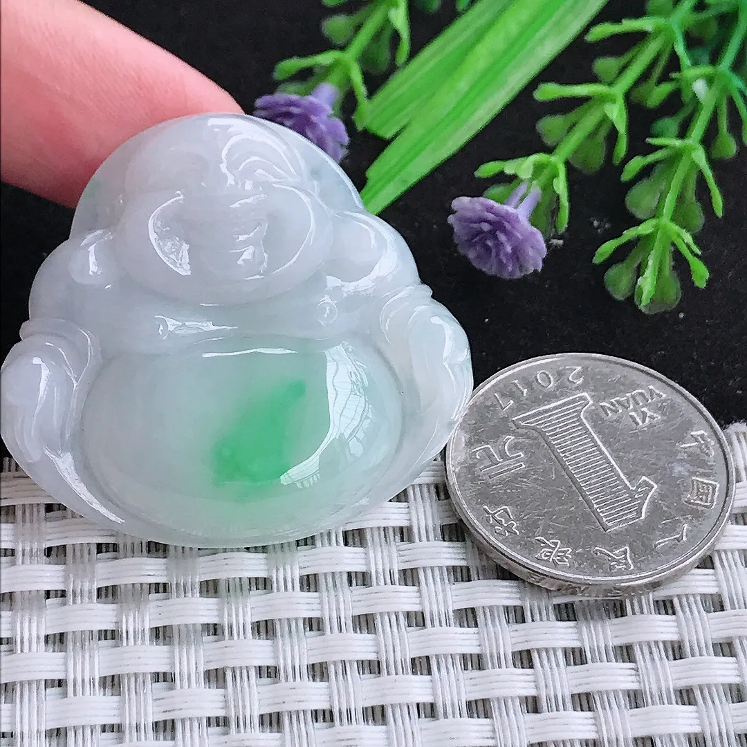 自然光37.3/40/8老坑秀气温润白底青佛公吊坠翡翠玉石挂件