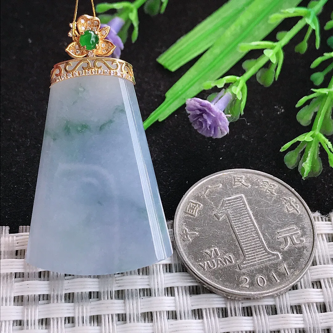 自然光35/24/6老坑18k金镶嵌薰衣草紫罗兰无事牌吊坠翡翠玉石挂件