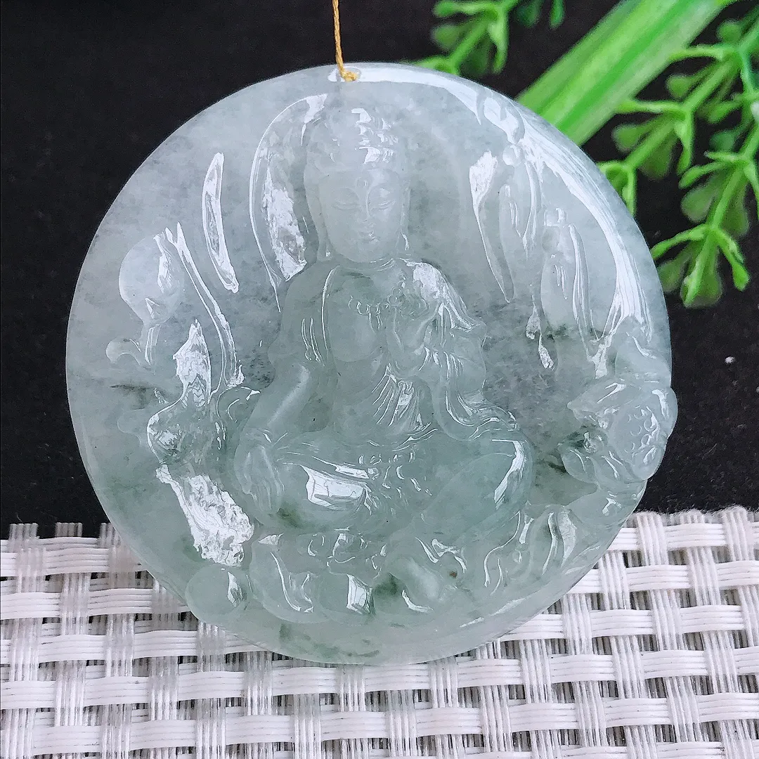 自然光53.8/8.8老坑精美冰润飘花赐福观音圆牌吊坠翡翠玉石挂件
