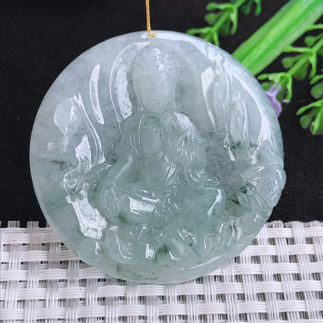 自然光53.8/8.8老坑精美冰润飘花赐福观音圆牌吊坠翡翠玉石挂件