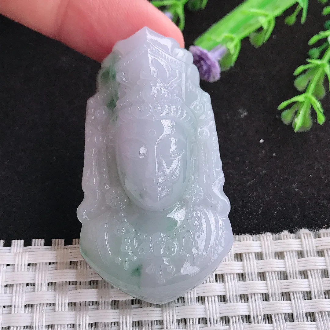 自然光53/29.6/12老坑秀气温润飘花观音头吊坠翡翠玉石挂件
