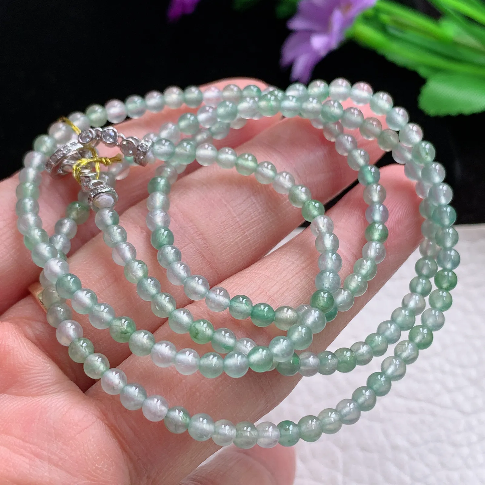 gx实拍 缅甸翡翠A货冰种纯美圆珠玉项链 手链 珠子3mm 周长约.580mm