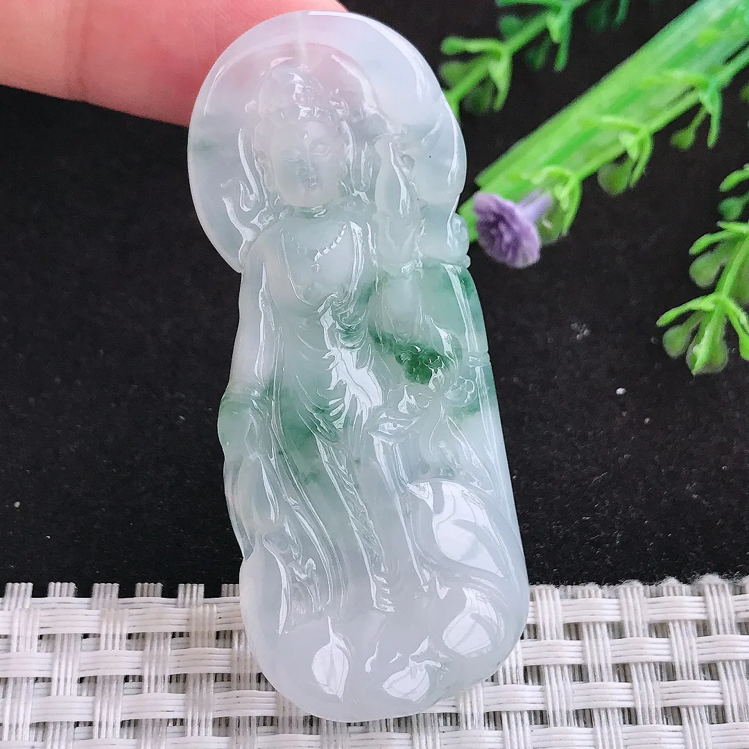 自然光63/26.2/5.8老坑冰胶果冻飘花赐福观音吊坠翡翠玉石站观音挂件