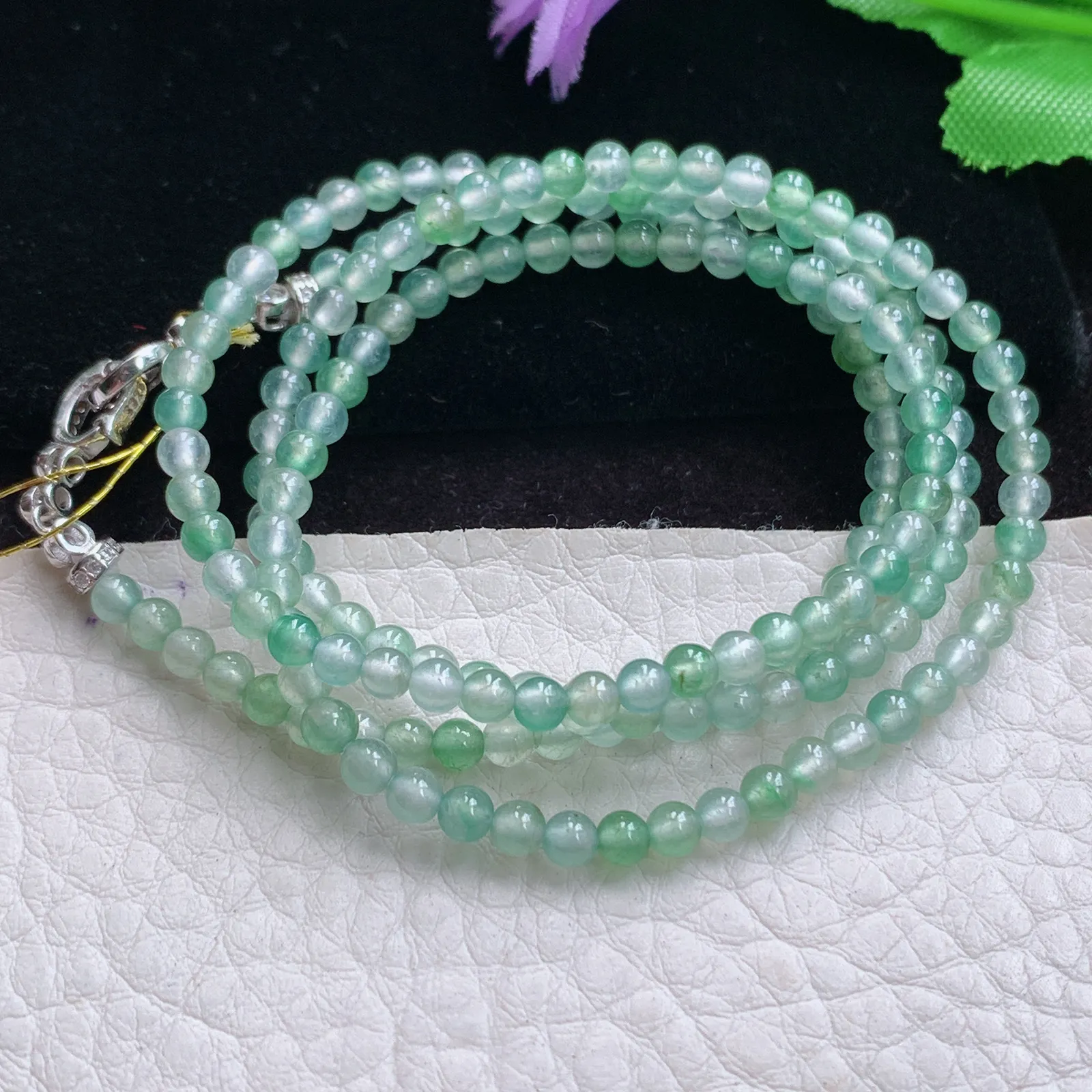 gx实拍 缅甸翡翠A货冰种纯美圆珠玉项链 手链 珠子3mm 周长约.580mm