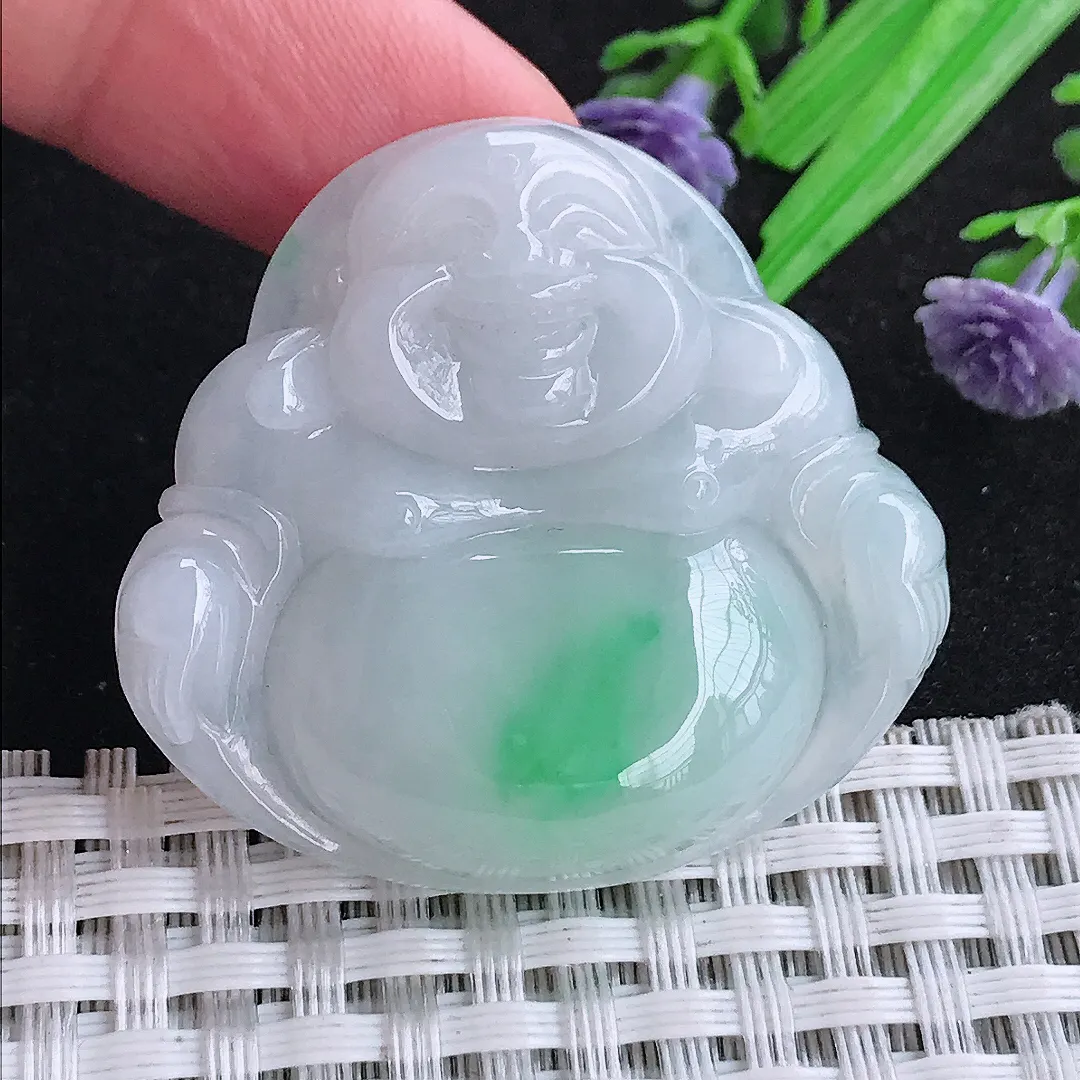 自然光37.3/40/8老坑秀气温润白底青佛公吊坠翡翠玉石挂件