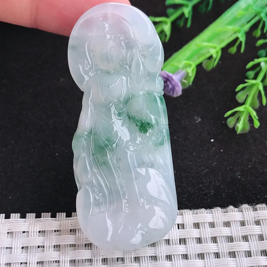自然光63/26.2/5.8老坑冰胶果冻飘花赐福观音吊坠翡翠玉石站观音挂件