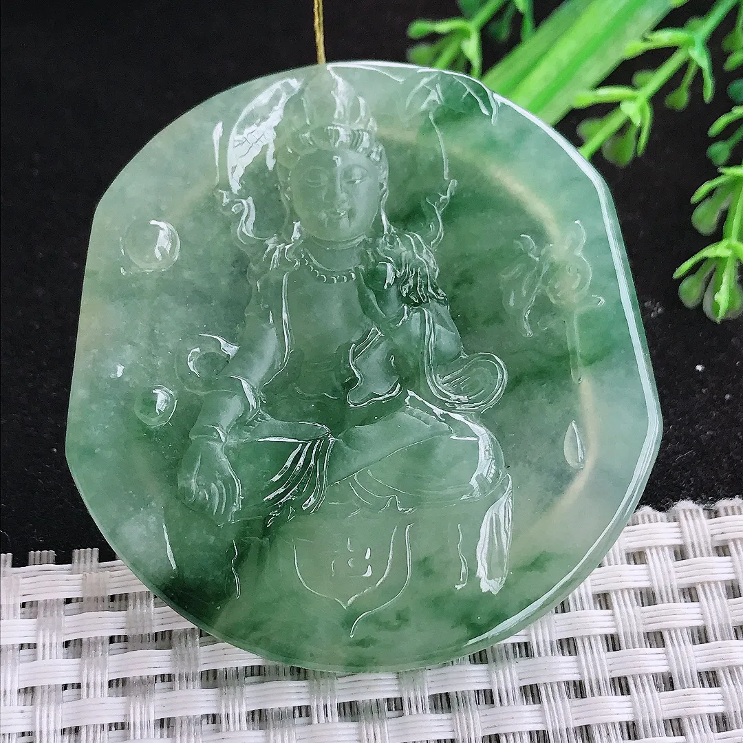 自然光57/54.6/6.5老坑冰胶果冻冰晴绿飘花赐福观音吊坠翡翠玉石挂件