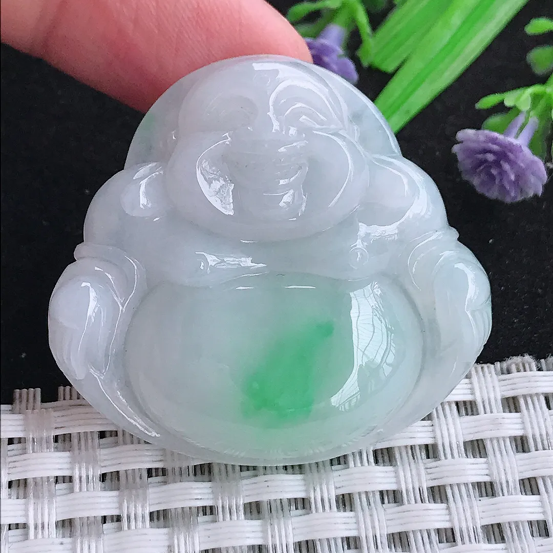 自然光37.3/40/8老坑秀气温润白底青佛公吊坠翡翠玉石挂件