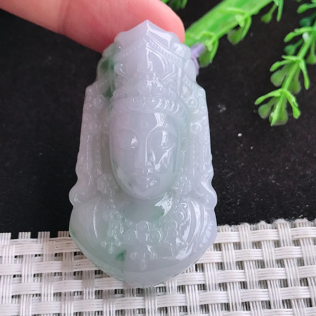 自然光53/29.6/12老坑秀气温润飘花观音头吊坠翡翠玉石挂件