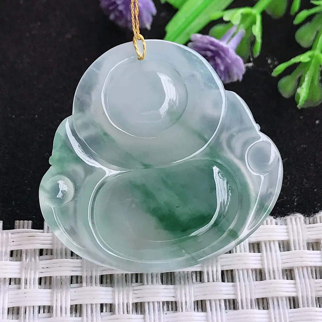 自然光31/33/6.7老坑冰种果冻胶飘花佛公吊坠翡翠玉石挂件