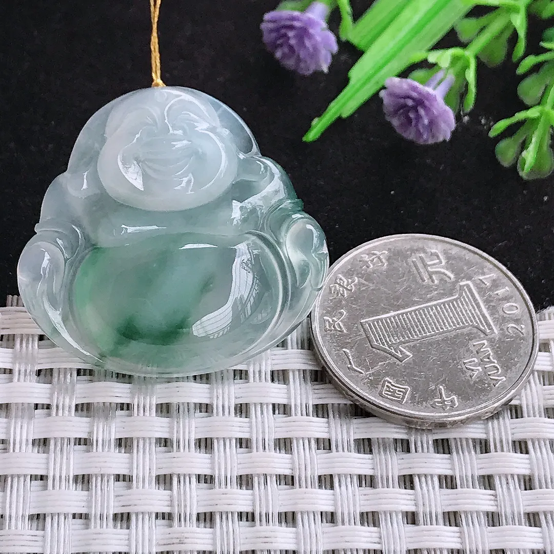 自然光31/33/6.7老坑冰种果冻胶飘花佛公吊坠翡翠玉石挂件