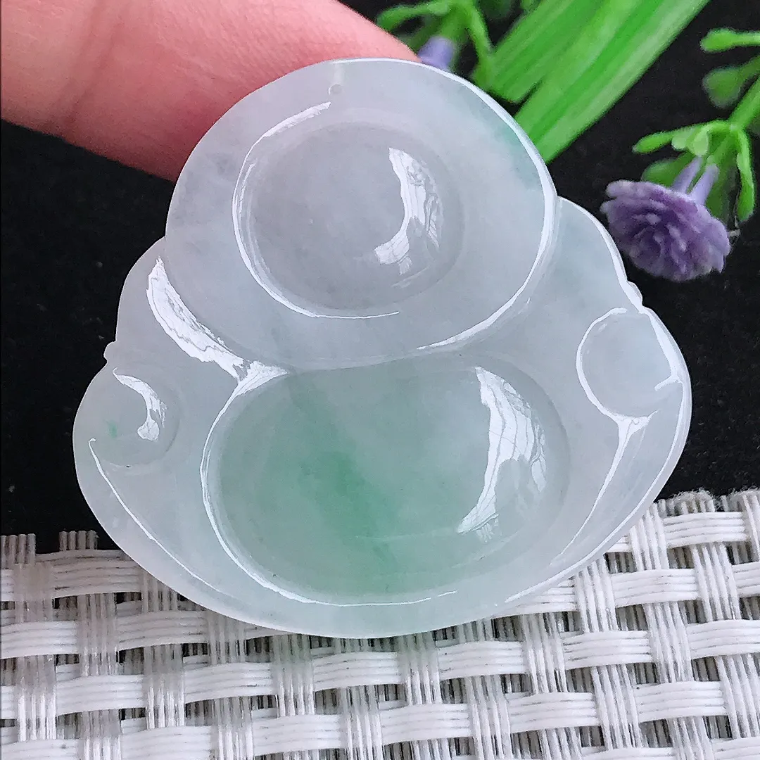 自然光37.3/40/8老坑秀气温润白底青佛公吊坠翡翠玉石挂件