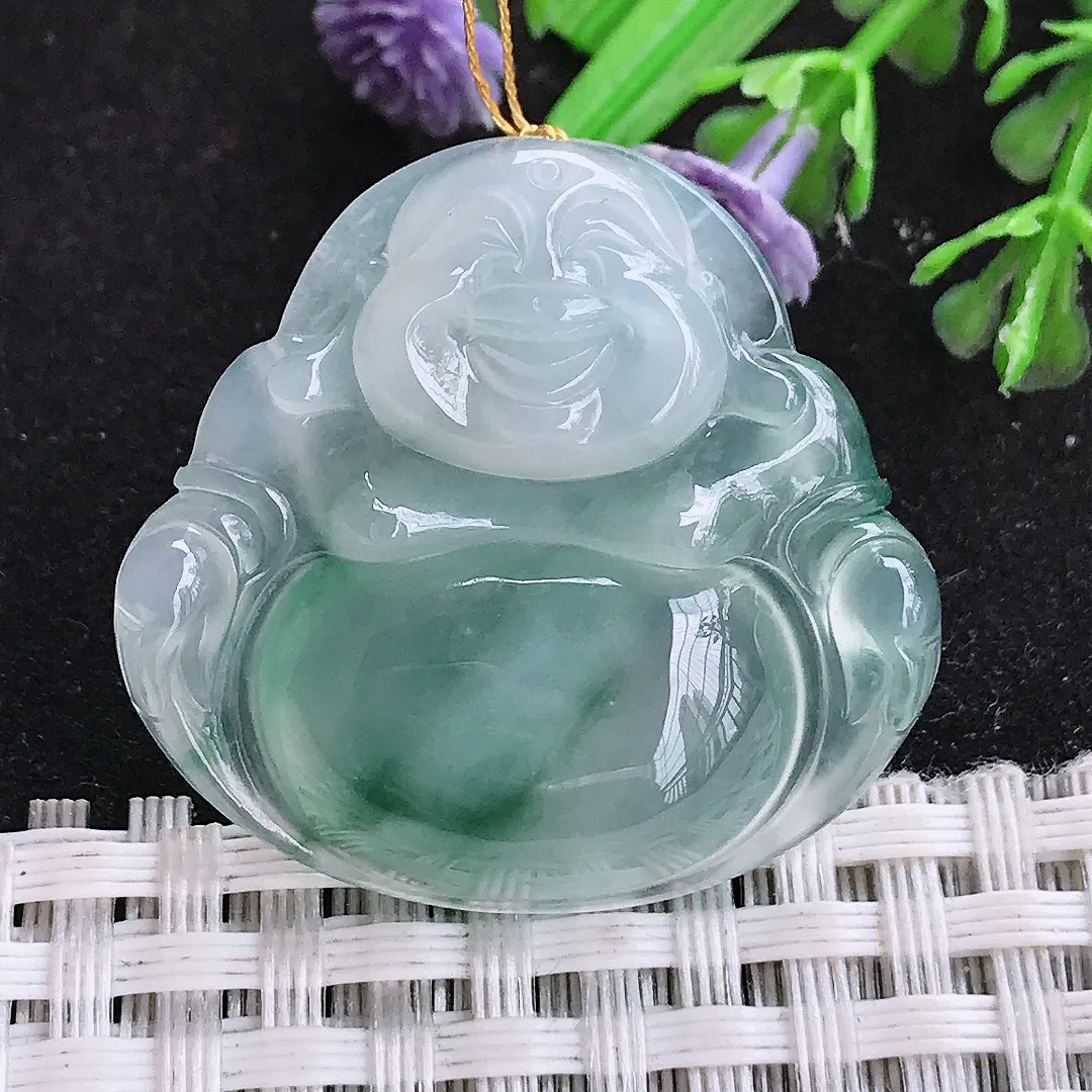 自然光31/33/6.7老坑冰种果冻胶飘花佛公吊坠翡翠玉石挂件