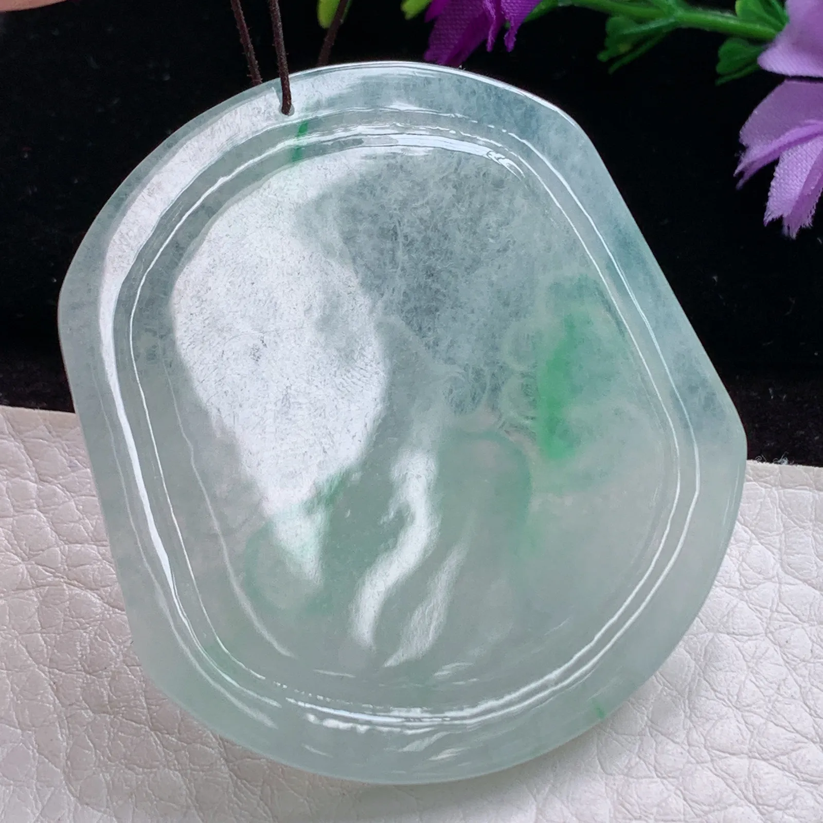 qj实拍54.8*50*4.5天然缅玉翡翠冰透自在观音菩萨吊坠持莲大势至观音
