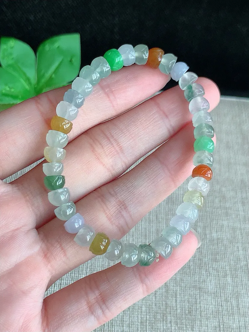 a货翡翠老坑冰种多彩莲蓬手串38颗 尺寸6×4.3mm 重量13.07g 0823
