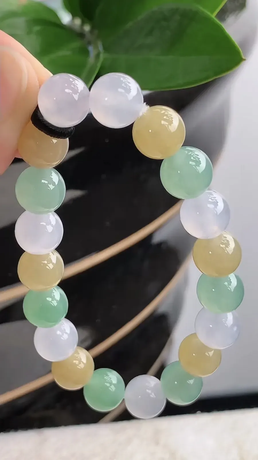 a货翡翠老坑冰种三彩圆珠佛珠手串19颗 尺寸9.7mm 重量31.44g