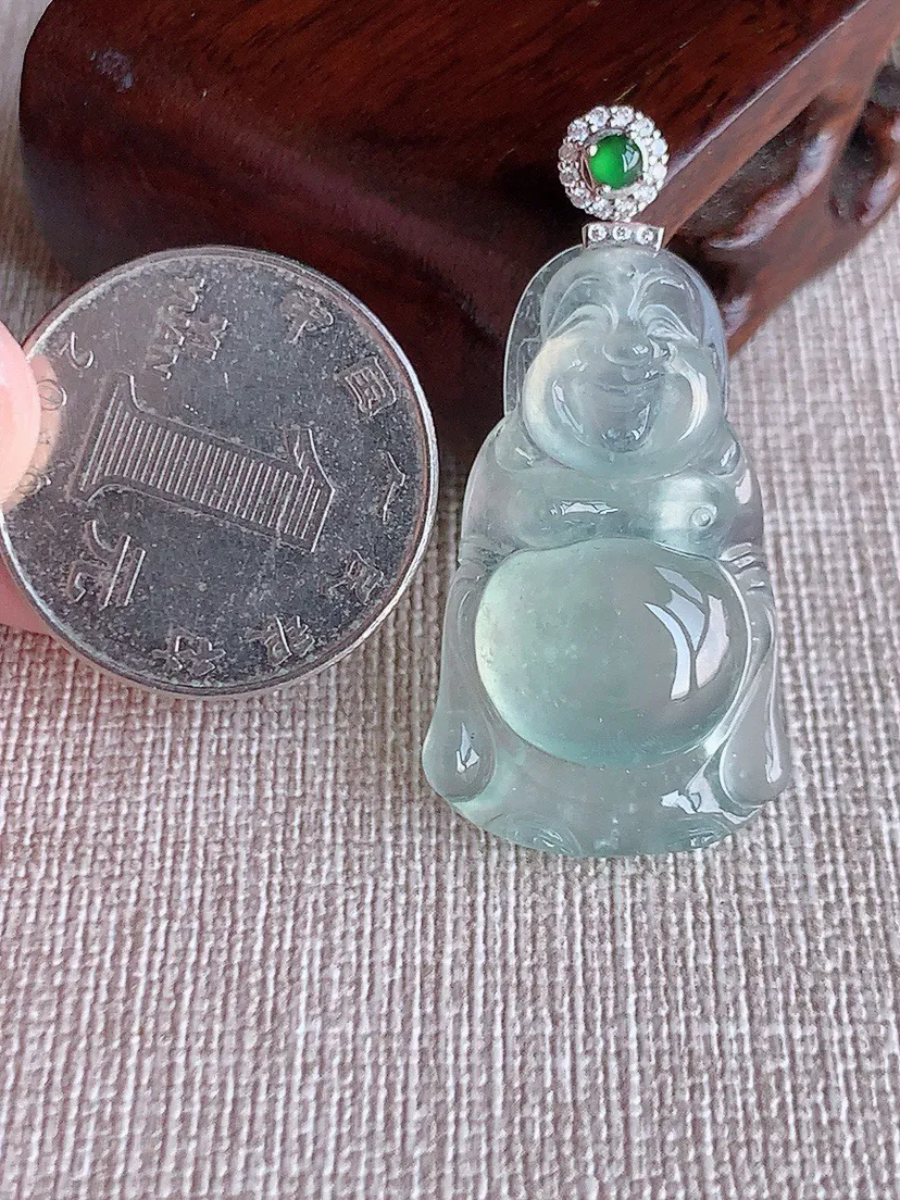 a货翡翠老坑高冰种18K金伴钻镶嵌起荧光晴水站佛吊坠 尺寸39.8×32.2×20×6.6mm 重量7.58g 0823