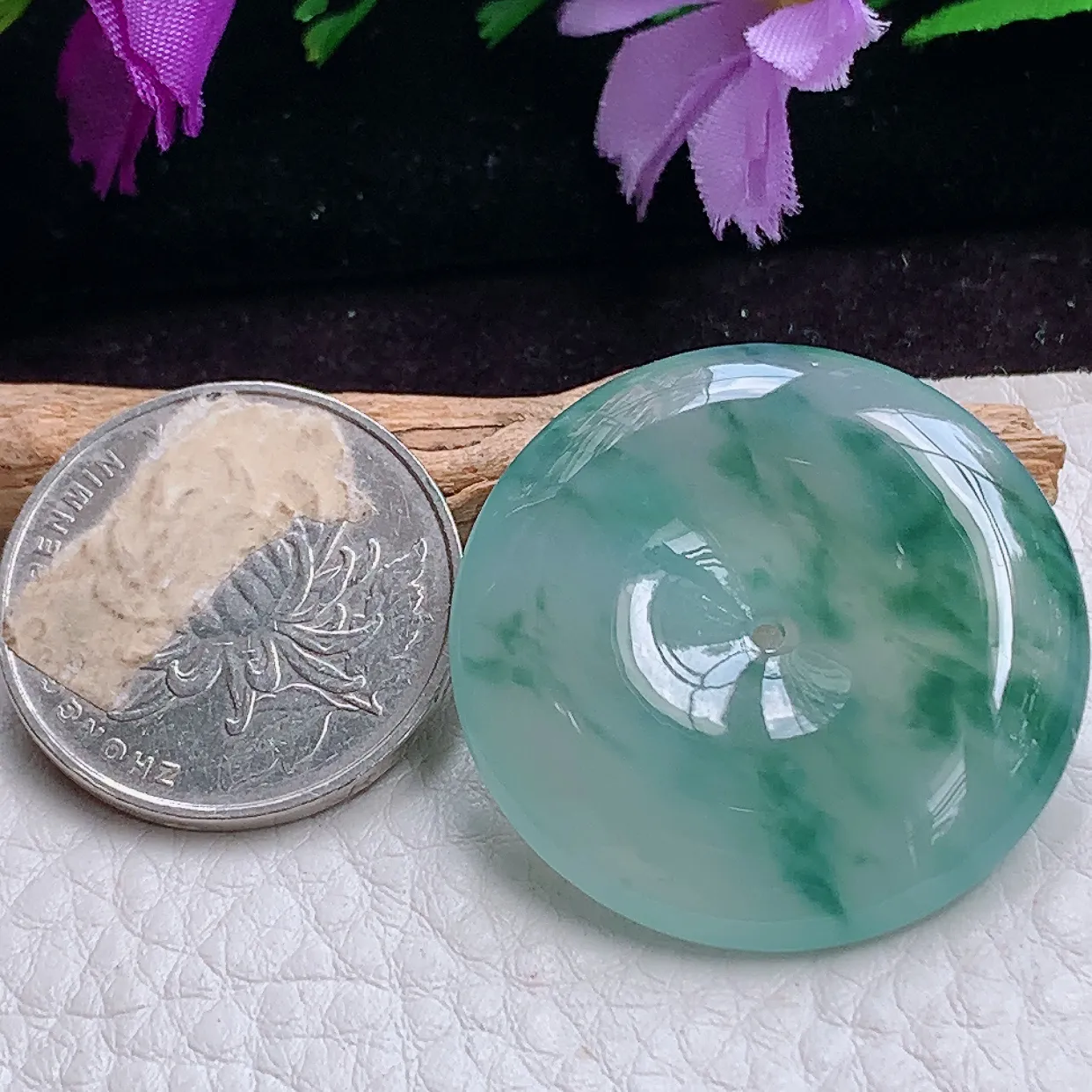 zzx实拍32*5.8缅甸翡翠冰透冰润饱满平安扣玉吊坠 冰飘花玉扣子