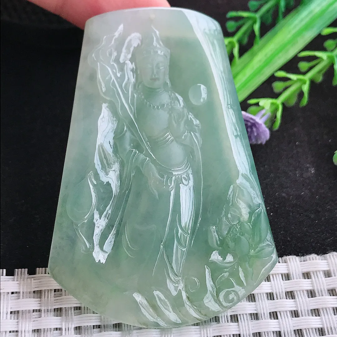 自然光66/48/5.8老坑冰胶果冻冰晴观音菩萨吊坠翡翠玉石挂件