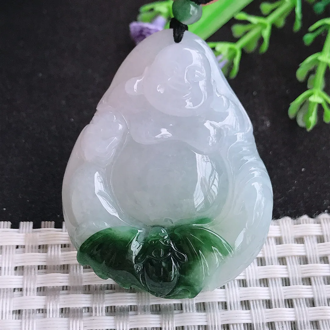 自然光47.5/38/10.5老坑冰胶水灵特色飘花佛公吊坠翡翠玉石挂件