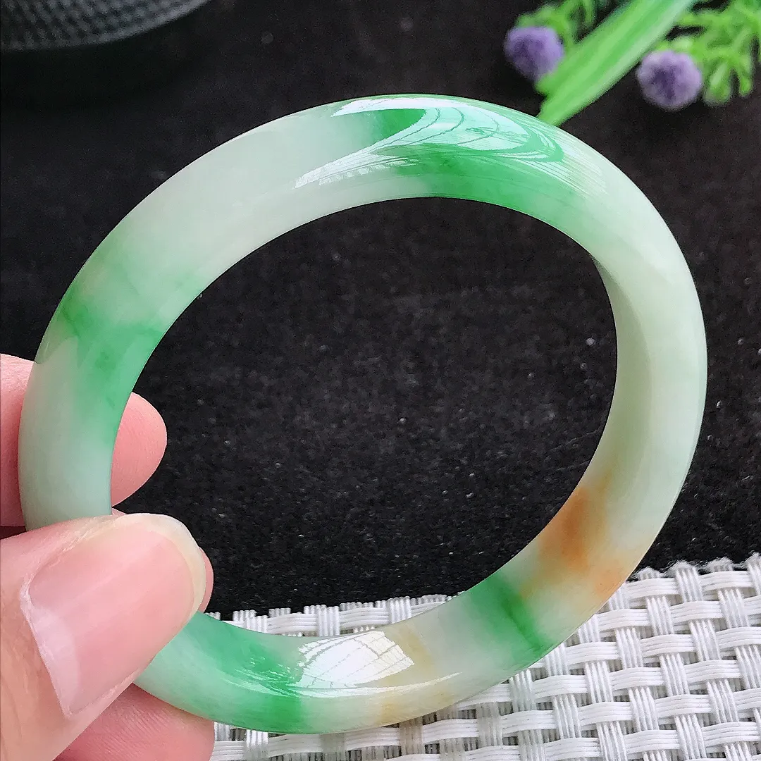 自然光54/11/7.8老坑精美冰润黄加绿三彩手镯天然翡翠玉镯女款