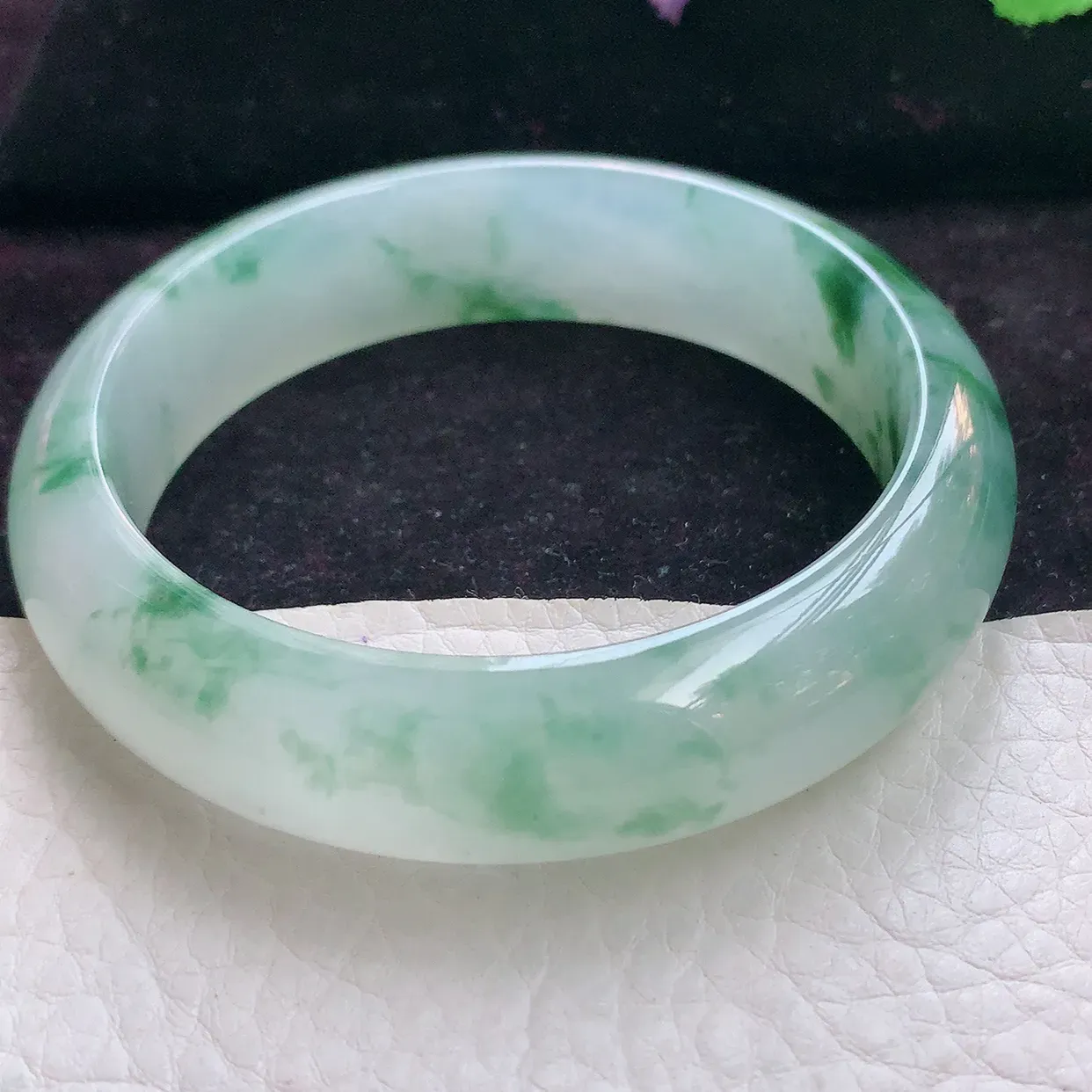 js收藏级59*15.6*8.8轮胎镯 天然缅甸翡翠手镯冰飘花起光宽边玉手镯 玉手环