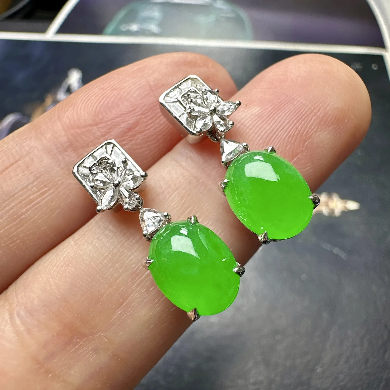 【冰种满绿蛋面耳坠】种水上乘，阳绿色泽，纯净通透，收藏品质，18k金钻豪华镶嵌，裸石尺寸9*7.1*3.9毫米