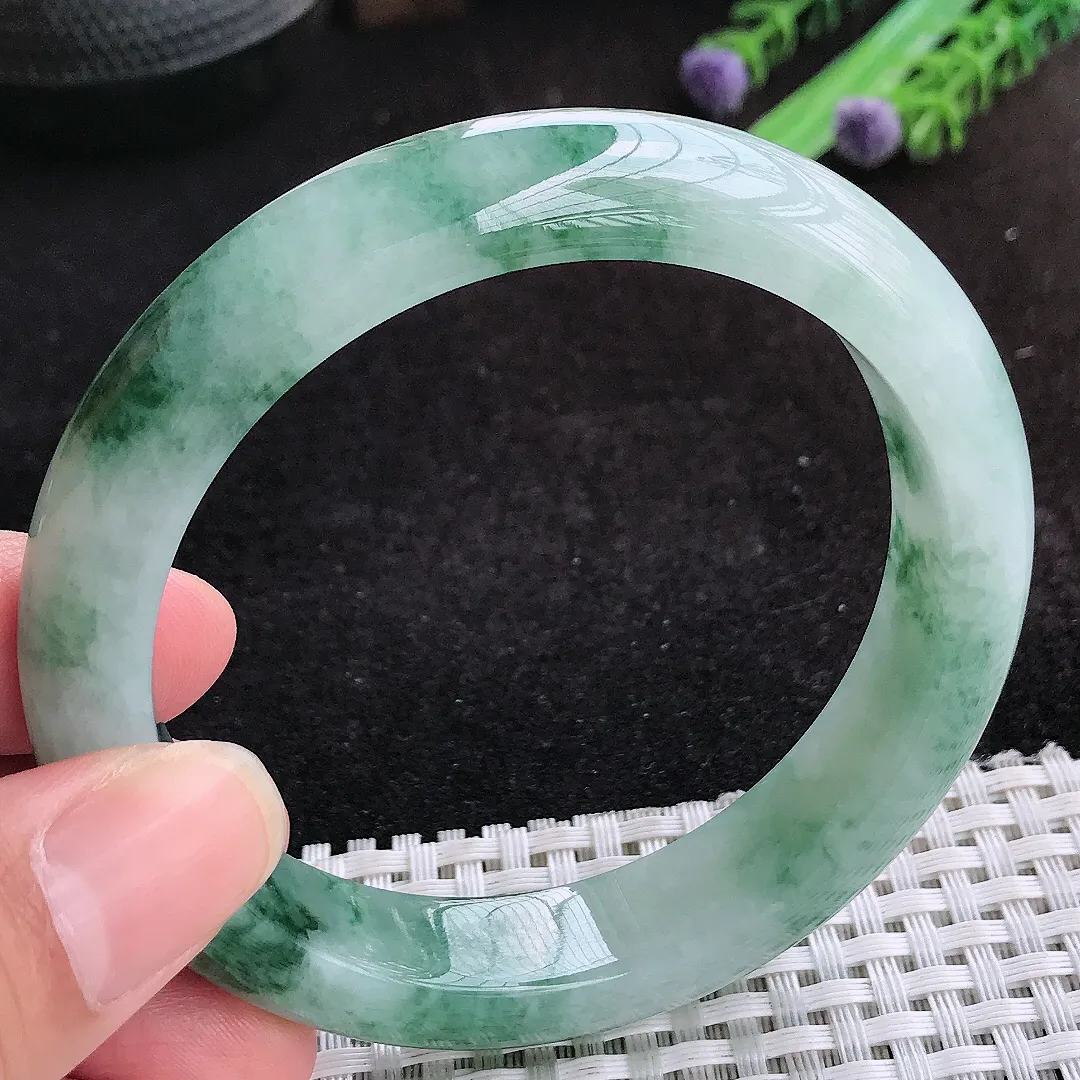 自然光59/12.8/8.9老坑冰胶水灵飘花宽边手镯天然翡翠玉镯女款