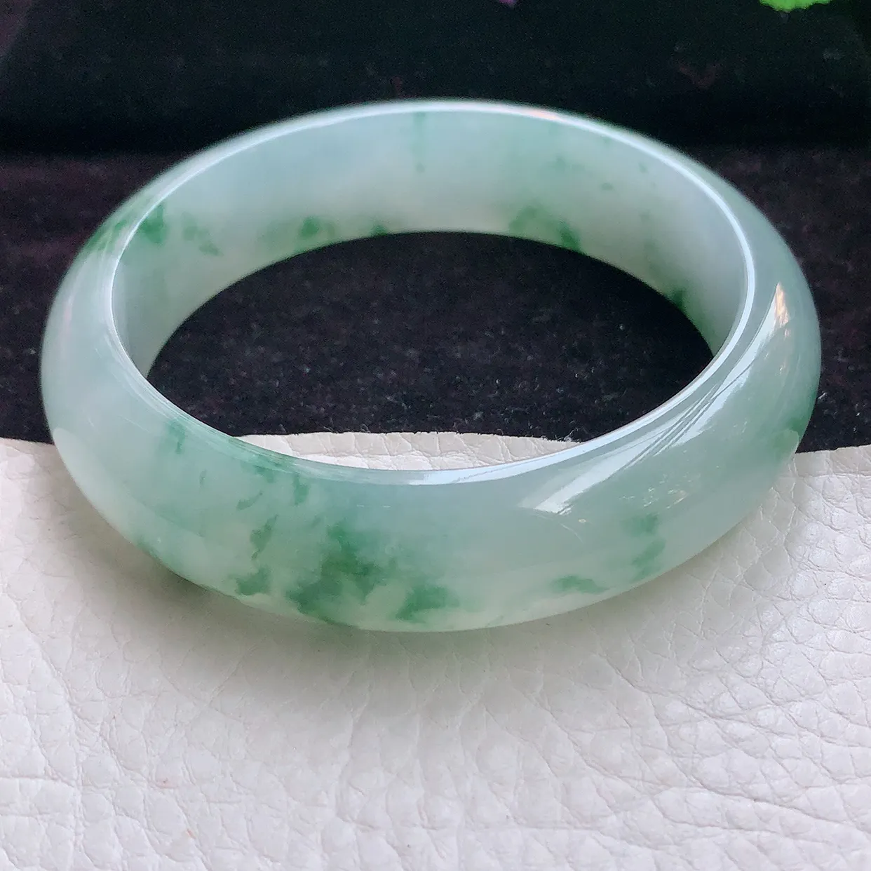 js收藏级59*15.6*8.8轮胎镯 天然缅甸翡翠手镯冰飘花起光宽边玉手镯 玉手环