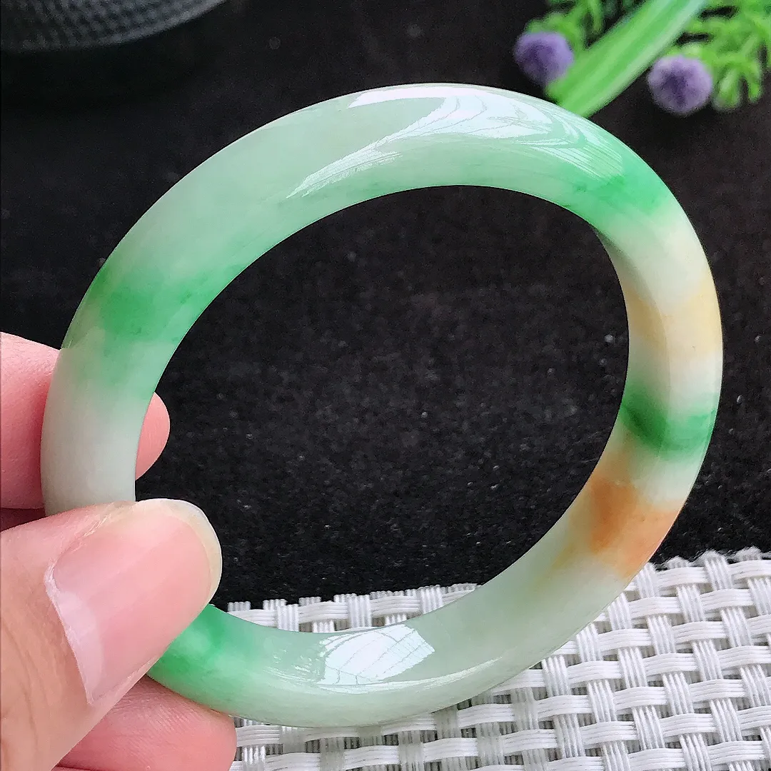 自然光54/11/7.8老坑精美冰润黄加绿三彩手镯天然翡翠玉镯女款