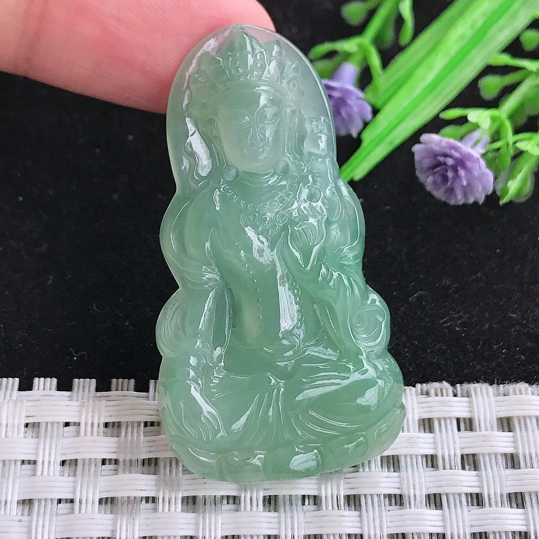 自然光46.5/25.5/5.3老坑冰胶果冻满绿渡母菩萨吊坠翡翠玉石挂件