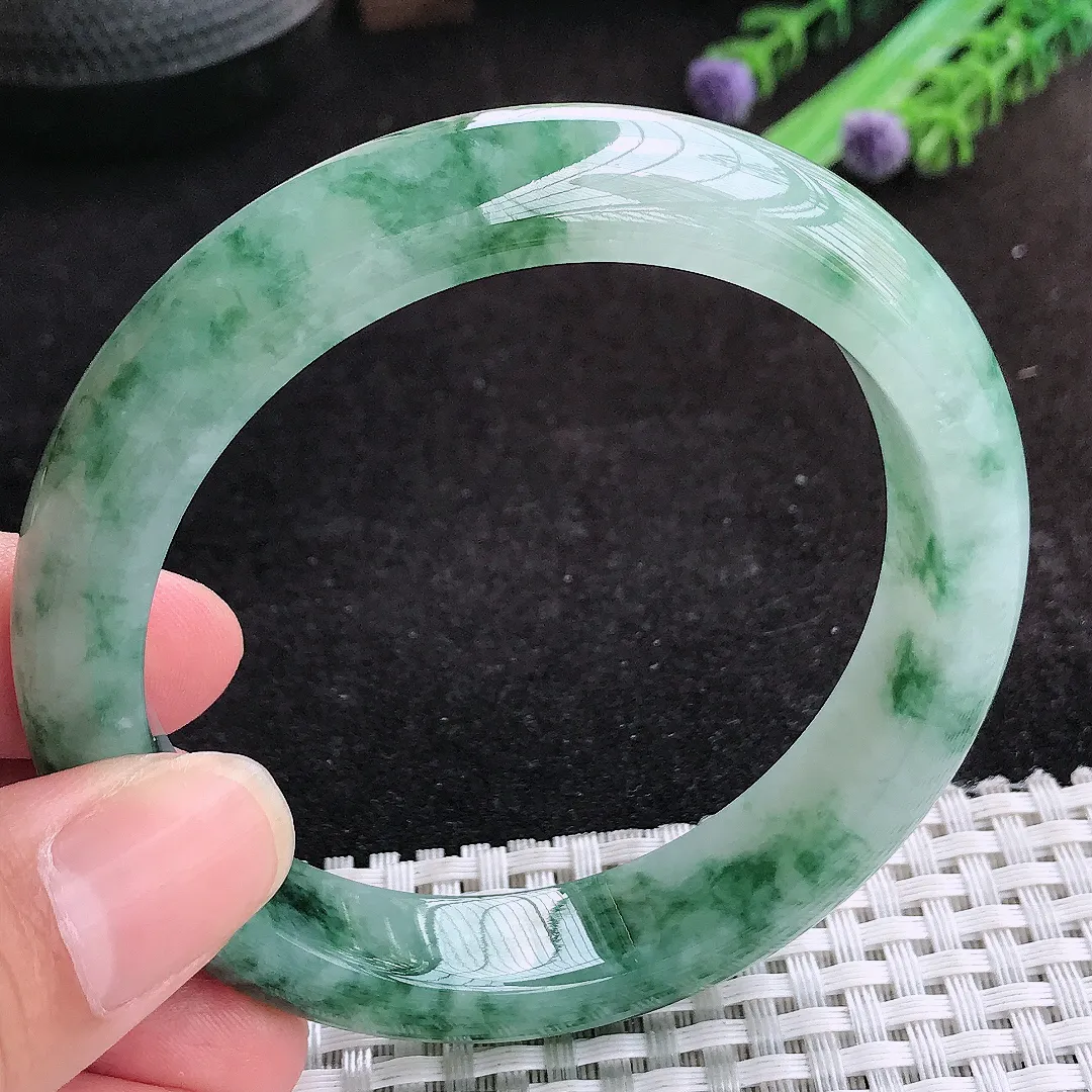 自然光59/12.8/8.9老坑冰胶水灵飘花宽边手镯天然翡翠玉镯女款