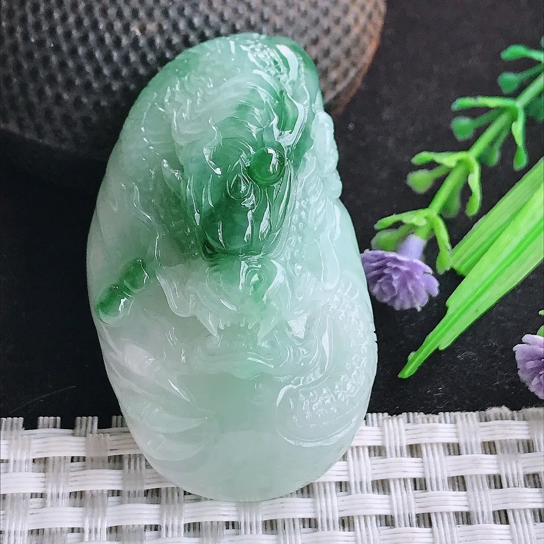 自然光51/29.5/18.5老坑精美飘花龙牌吊坠翡翠玉石挂件