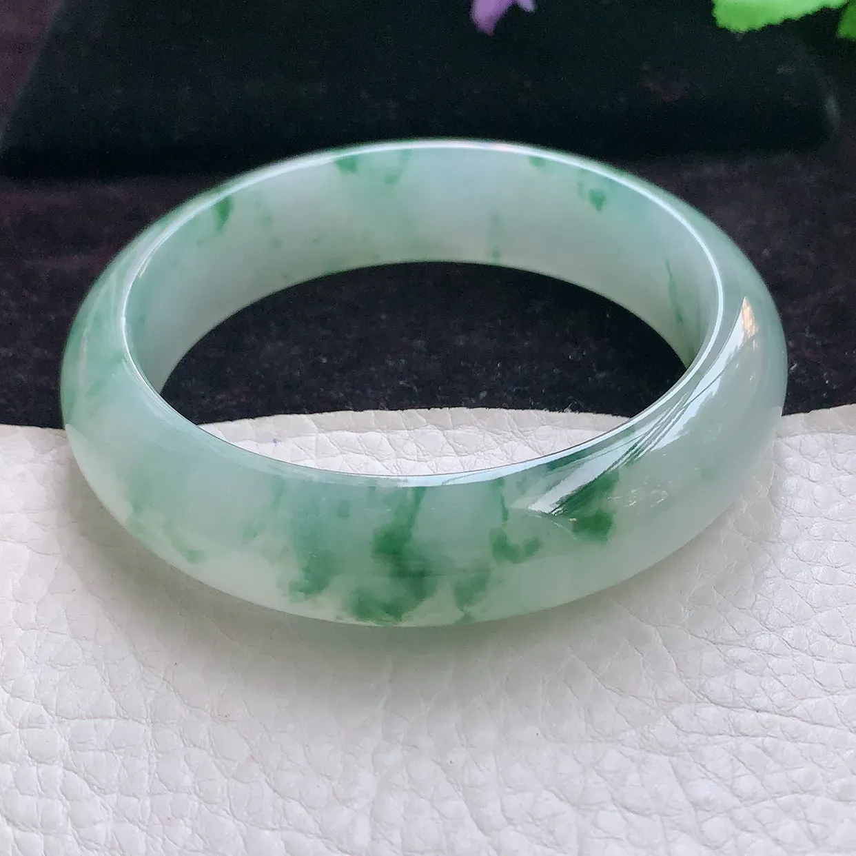 js收藏级59*15.6*8.8轮胎镯 天然缅甸翡翠手镯冰飘花起光宽边玉手镯 玉手环