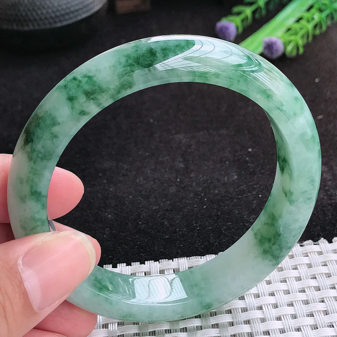 自然光59/12.8/8.9老坑冰胶水灵飘花宽边手镯天然翡翠玉镯女款